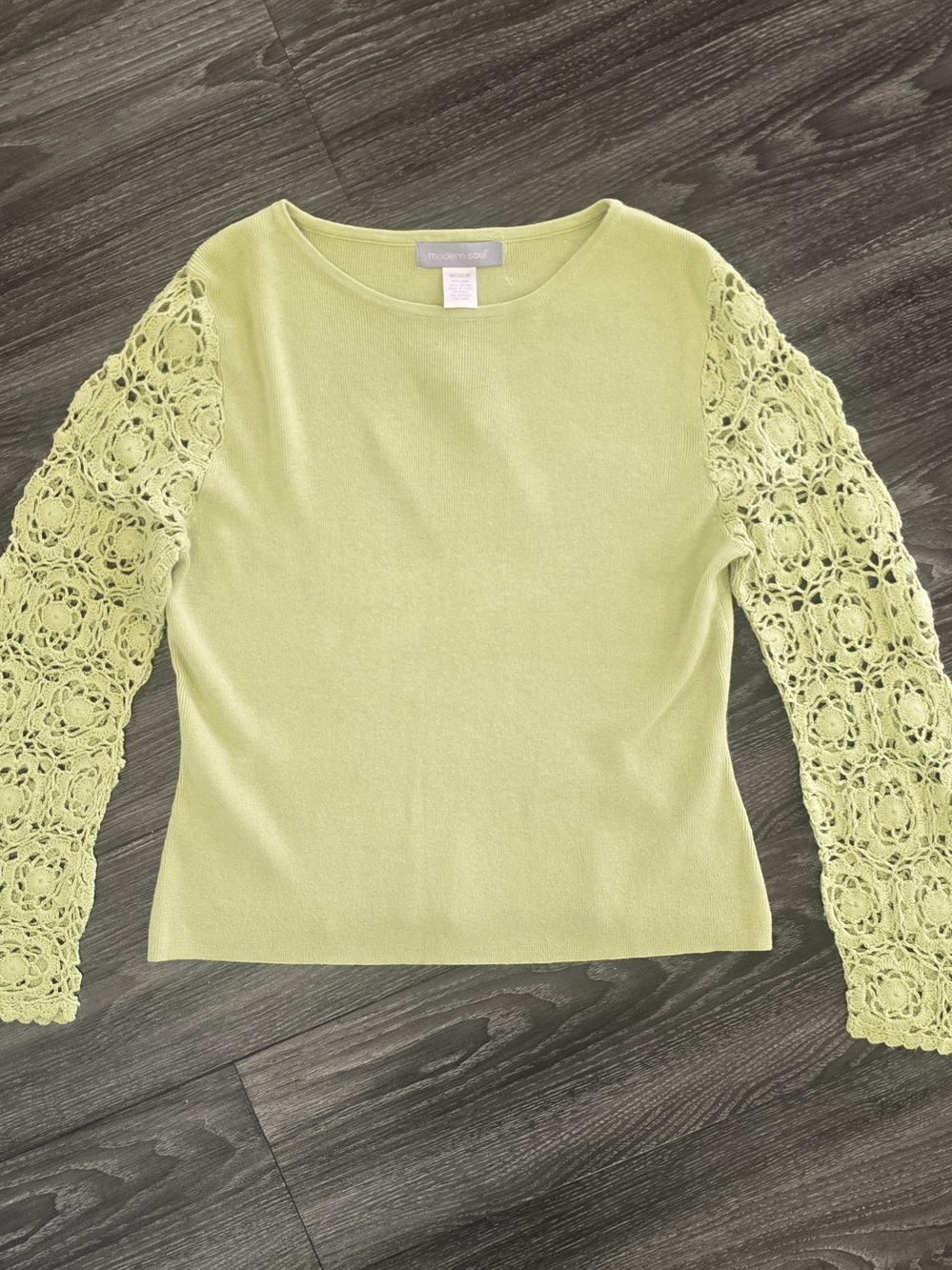 Modern Soul Women's Green Linen Cotton Blend Crochet Sleeve Sweater Top Medium
